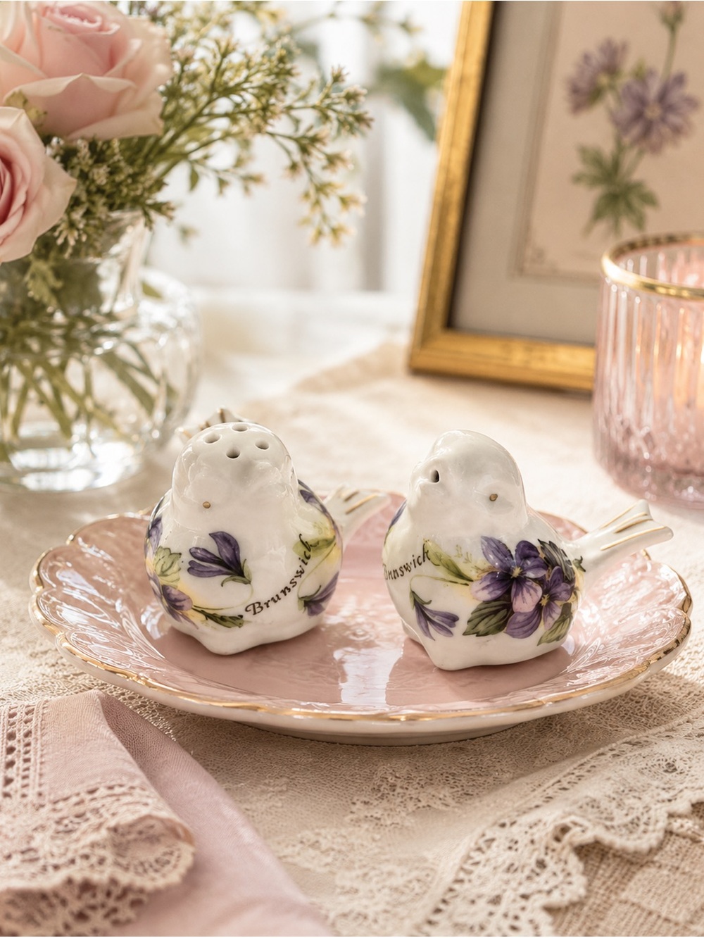 Vintage Hammersley Victorian Violets Bone China Bird Salt & Pepper Shakers